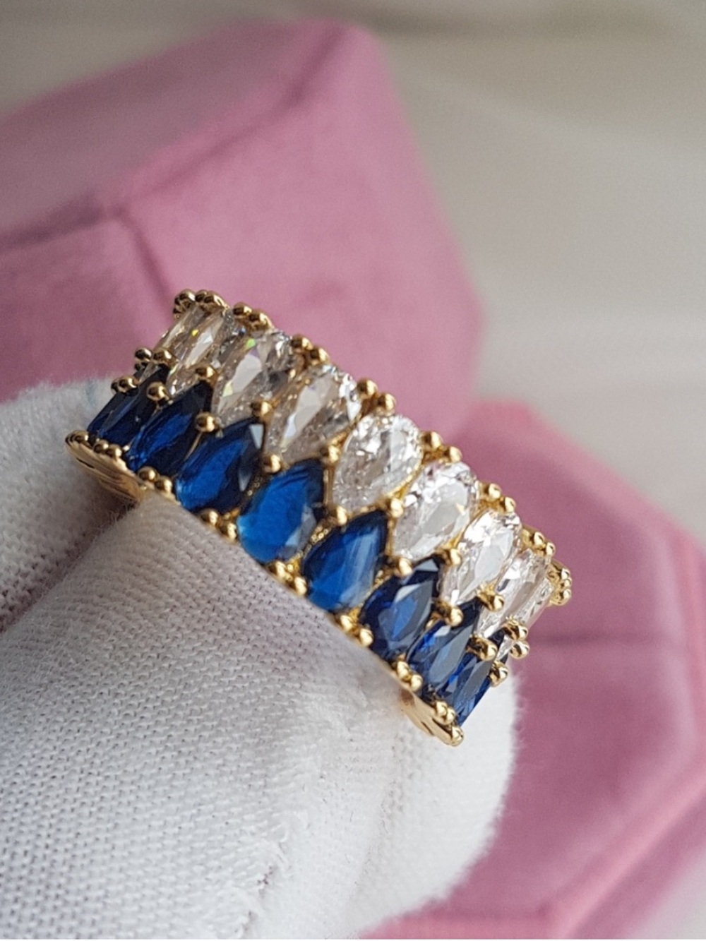 Swarovski Elements Gold Clear & Royal Blue Teardrop Eternity Band Ring NEW